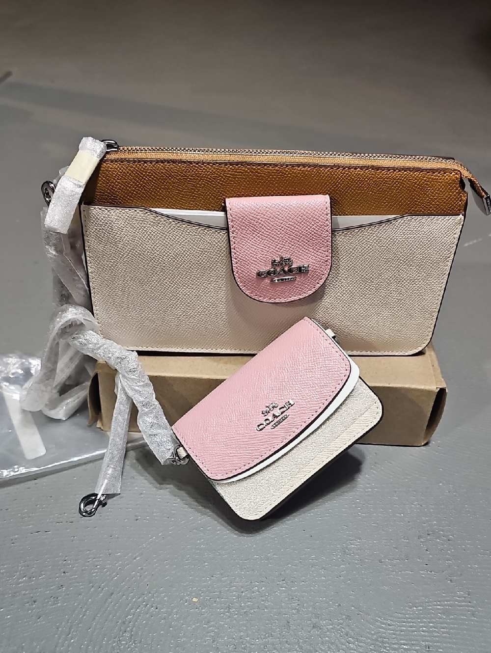 COACH C3608  Poppy Crossbody With Card Case  In Colorblock Pink/ Silver NWT